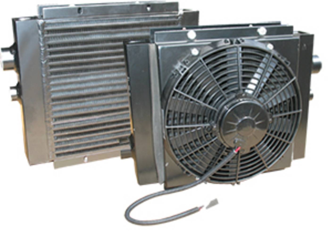 MAXIM Truck and Trailer Mounted Mobile Oil Cooler w Fan & Shroud 12 VDC, 52 GPM, 1" NPT  maxim mobile hydraulic oil Cooler fan shroud walking trailer muncie, ledwell hydraulic cooler heavy duty, ledwell feed transport hydraulic cooler wet kit